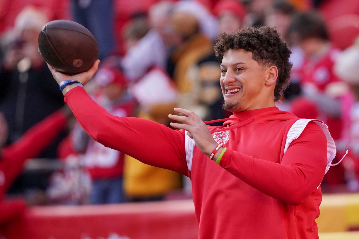 Dec 10, 2023; Kansas City, Missouri, USA; Kansas City Chiefs quarterback Patrick Mahomes (15) warms up against the Buffalo Bills prior to a game at GEHA Field at Arrowhead Stadium. Mandatory Credit: Denny Medley-USA TODAY Sports  